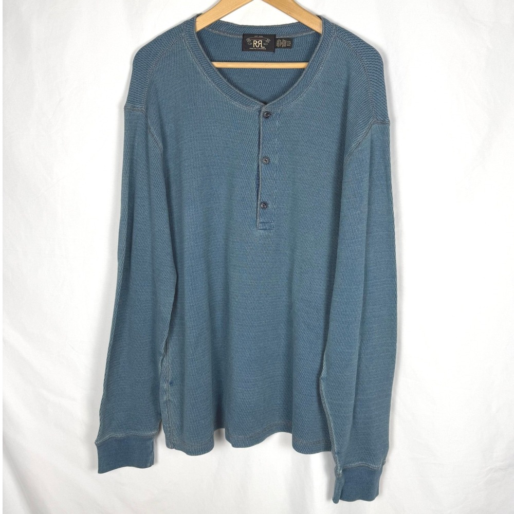 RRL Ralph Lauren Teal Garment Dyed Waffle Knit Henley Shirt - Men's XXL EUC